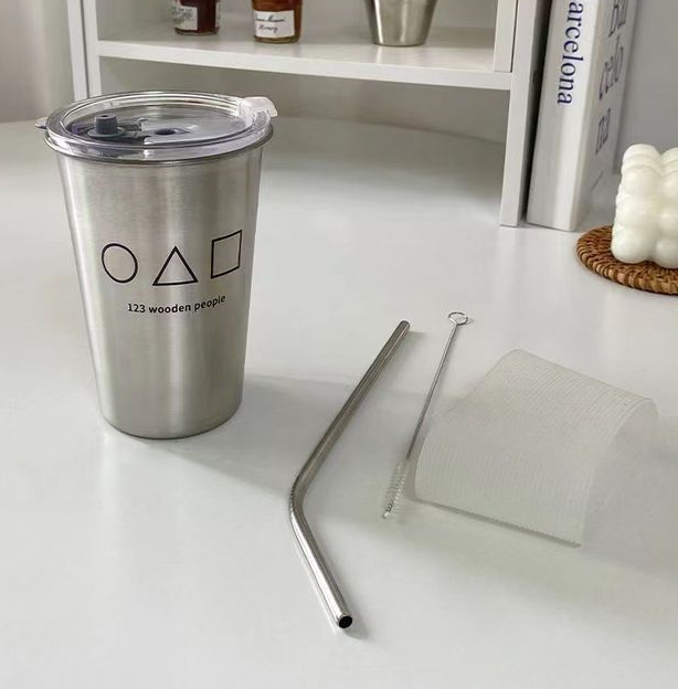 304 Stainless Steel 500ml Breakfast Milk Cup Coffee Tea Mug with Straw Drinks Dessert  Mugs Handle With Lids Tumbler Drinkware