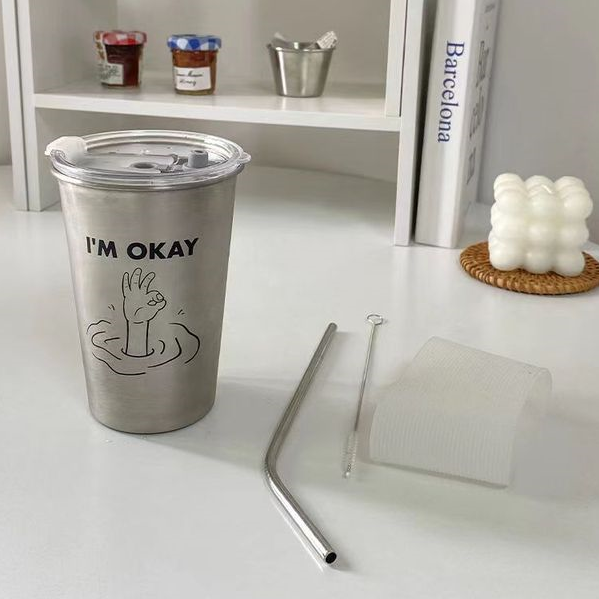 304 Stainless Steel 500ml Breakfast Milk Cup Coffee Tea Mug with Straw Drinks Dessert  Mugs Handle With Lids Tumbler Drinkware