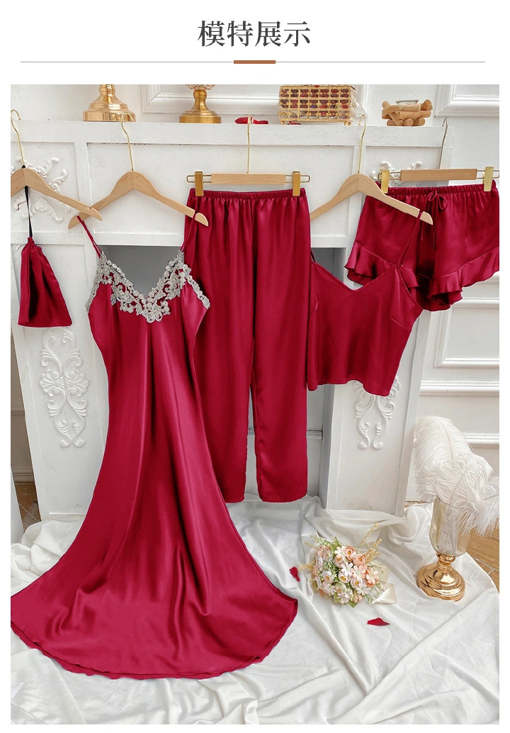 Sexy 4PCS Pajams Set Nightgown Patchwork Lace Trim Pijamas Suit Intimate Lingerie Spring Summer Women Nightwear Home Clothes