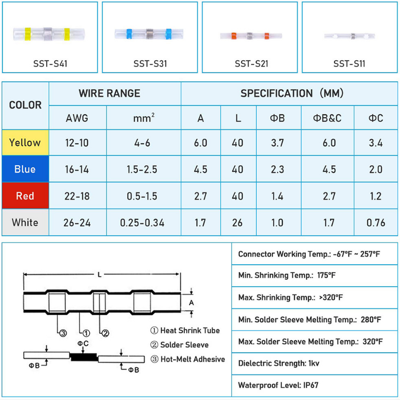 50/100/300/400/500/800 pcs Heat Shrink Butt Crimp Terminals Waterproof Solder Seal Electrical Connectors Wire AC DC power adapter Cable Splice plug