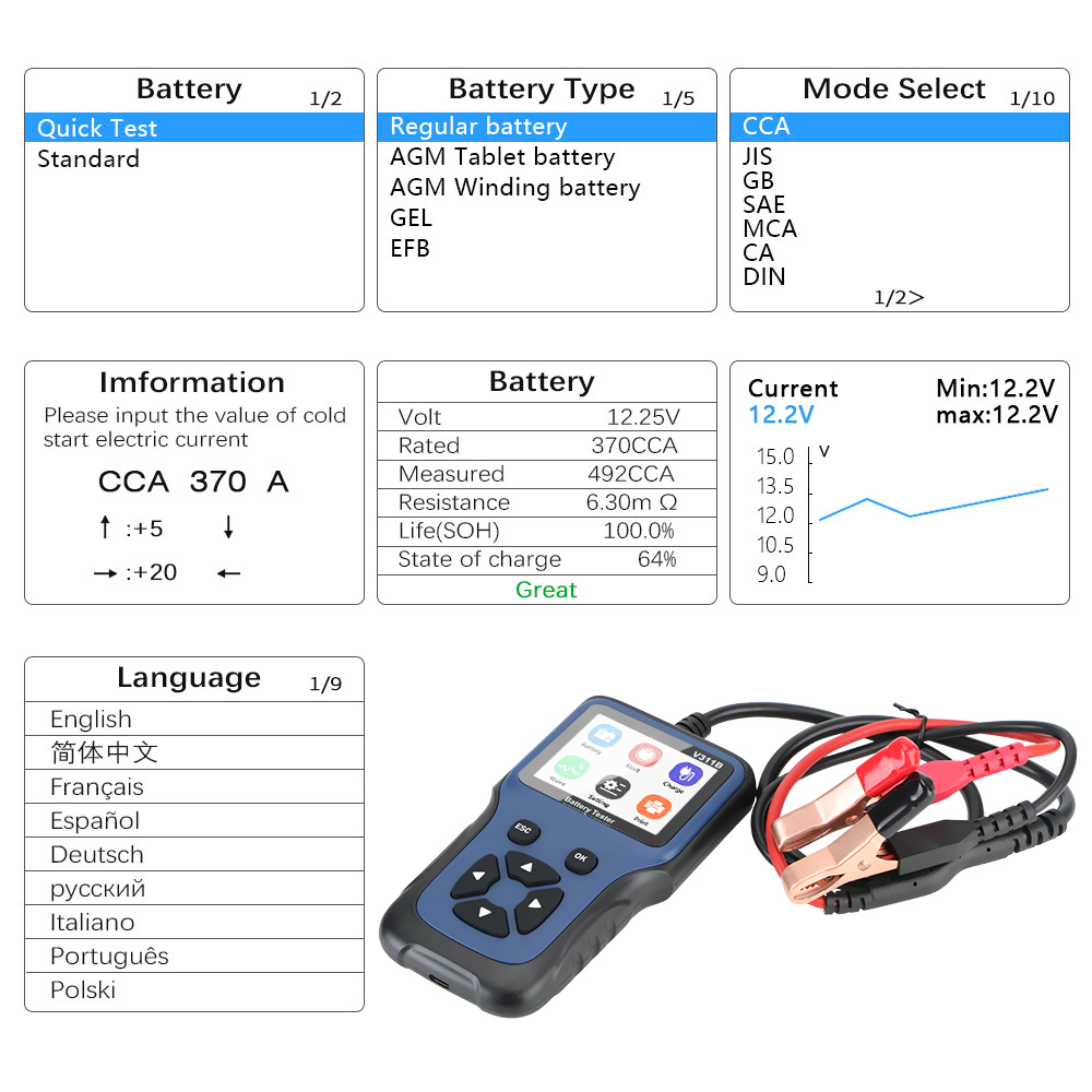 V311B 12V Car Battery Charger Tester Analyzer Automotive Auto Diagnostic Tool Car Charging Cricut Load Tester Analyzer Tools