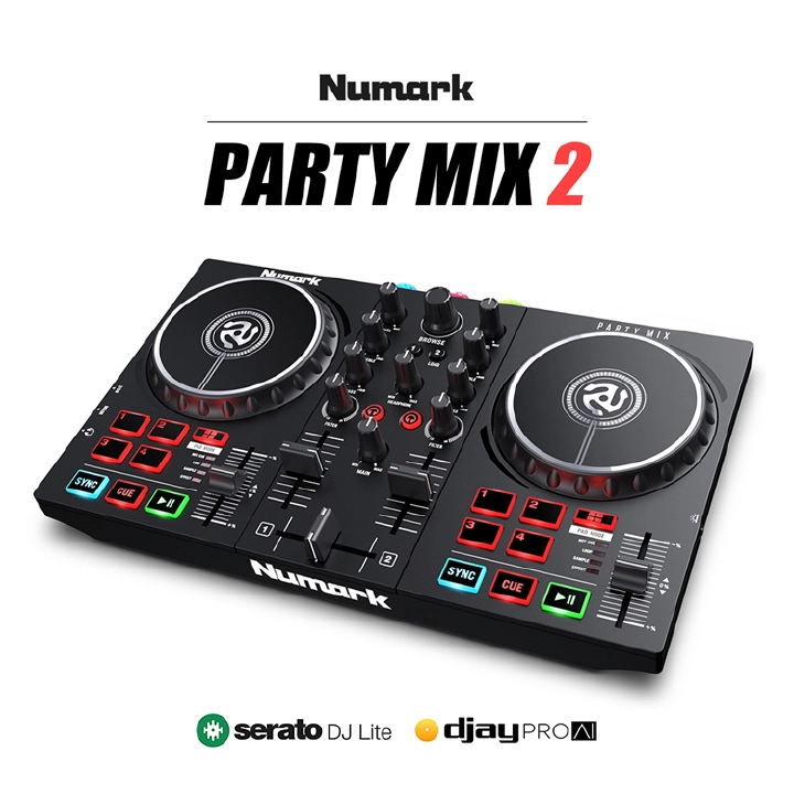 Numark Party Mix II - Complete DJ Controller Set for Serato DJ with 2 Decks, Party Lights, Headphone Output, Performance Pads and Crossfader/Mixer