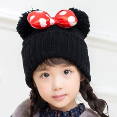 2021 New Cute Polka Dot Cartoon Big Bow Elastic Baby Hat Children's Knit Cotton Beans Autumn Winter Warm Girl Double Pompom Cap