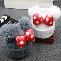 2021 New Cute Polka Dot Cartoon Big Bow Elastic Baby Hat Children's Knit Cotton Beans Autumn Winter Warm Girl Double Pompom Cap