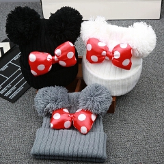 2021 New Cute Polka Dot Cartoon Big Bow Elastic Baby Hat Children's Knit Cotton Beans Autumn Winter Warm Girl Double Pompom Cap