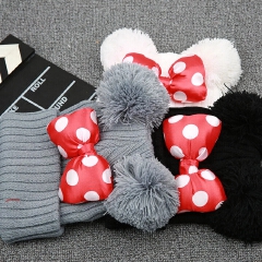 2021 New Cute Polka Dot Cartoon Big Bow Elastic Baby Hat Children's Knit Cotton Beans Autumn Winter Warm Girl Double Pompom Cap