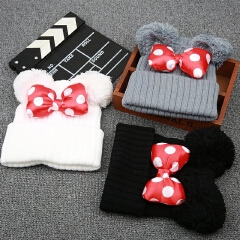 2021 New Cute Polka Dot Cartoon Big Bow Elastic Baby Hat Children's Knit Cotton Beans Autumn Winter Warm Girl Double Pompom Cap