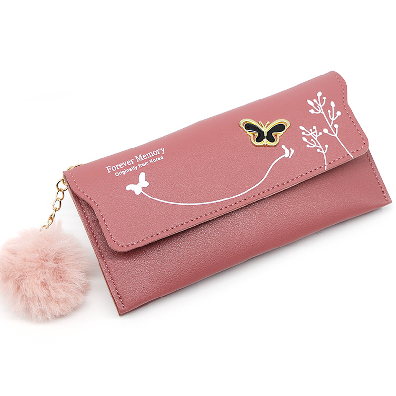 Fashionable New Women Long Wallets Pure Color Wool Ball Bow Clutch Bag Women's Long Bag Card Bag Coin Purse