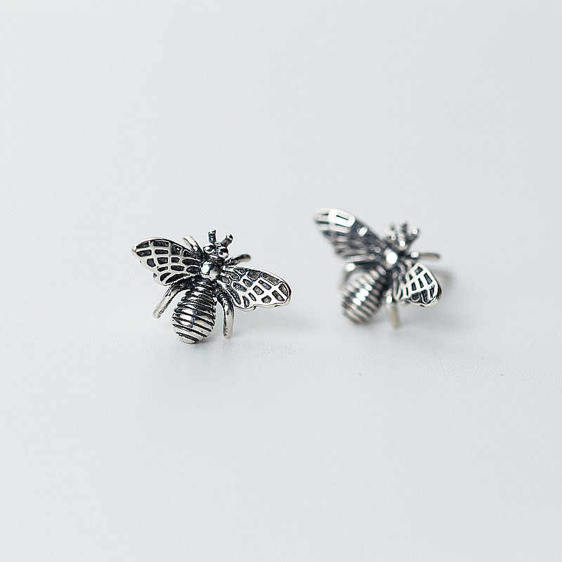 Vintage 925 Sterling Thai Silver Cute Bee Stud Earrings For Women Birthday Party  Prevent Allergy FINE  Jewelry Gift