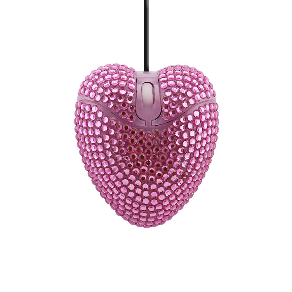 Wired Computer Mouse USB Optical Cute Pink Love Heart With Diamond Super Slim PC Mause 3D For Friends Girls Kids For Laptop