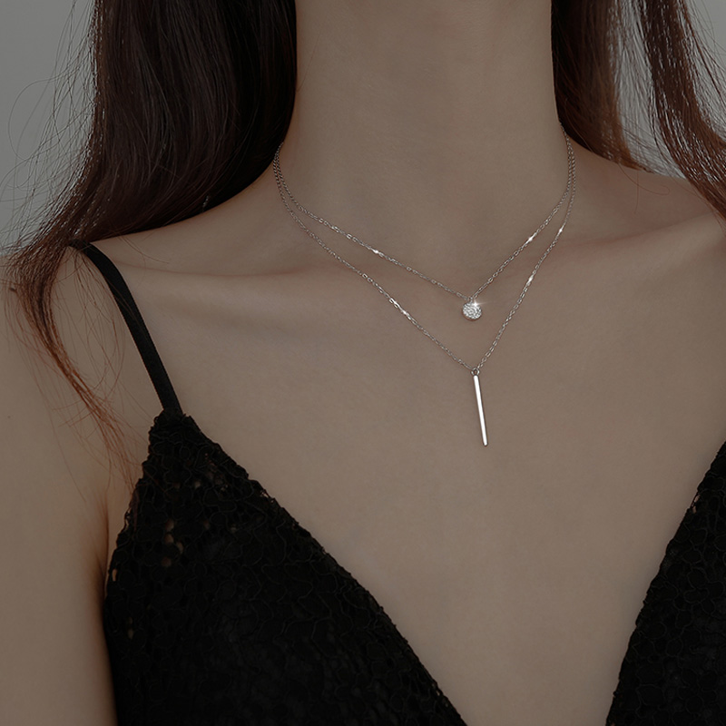 925 Sterling Silver Long Strip Flashing Diamond Round Double Necklace Ladies Clavicle Chain Exquisite Jewelry Party Wedding Acce