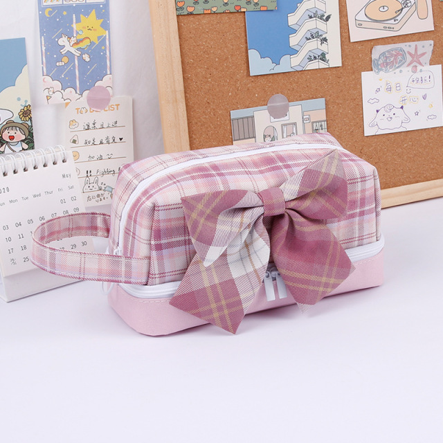 Grid Pencil Case Kawaii Pencil Bags Big Removable Bowknot Pencil Cases Japanese Trousse Scolaire Canvas Pen Case For School
