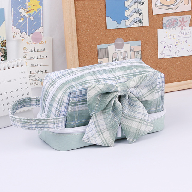 Grid Pencil Case Kawaii Pencil Bags Big Removable Bowknot Pencil Cases Japanese Trousse Scolaire Canvas Pen Case For School