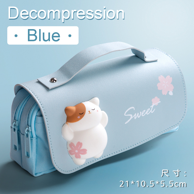 Cute Cat Decompression Pencil Case Big Pencil Box Portable Girls Pen Bag Double Layer School Pouch Kawaii Stationery Pensil Case