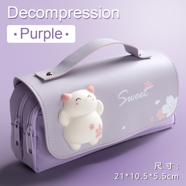 Cute Cat Decompression Pencil Case Big Pencil Box Portable Girls Pen Bag Double Layer School Pouch Kawaii Stationery Pensil Case