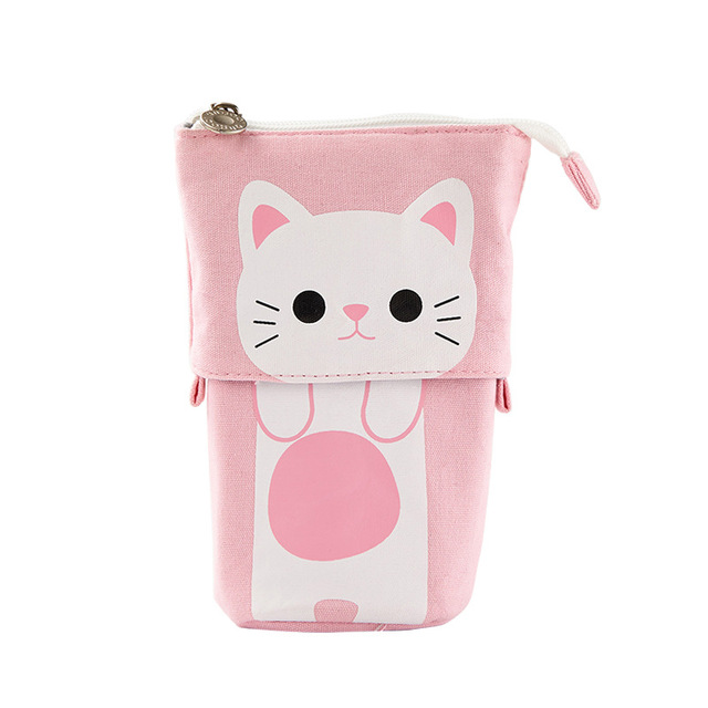 Pen Pencil Bag Case, Cartoon Cute Cat Bear Sheep Canvas Fold Standing Holder Stationery Organizer Kids Gift