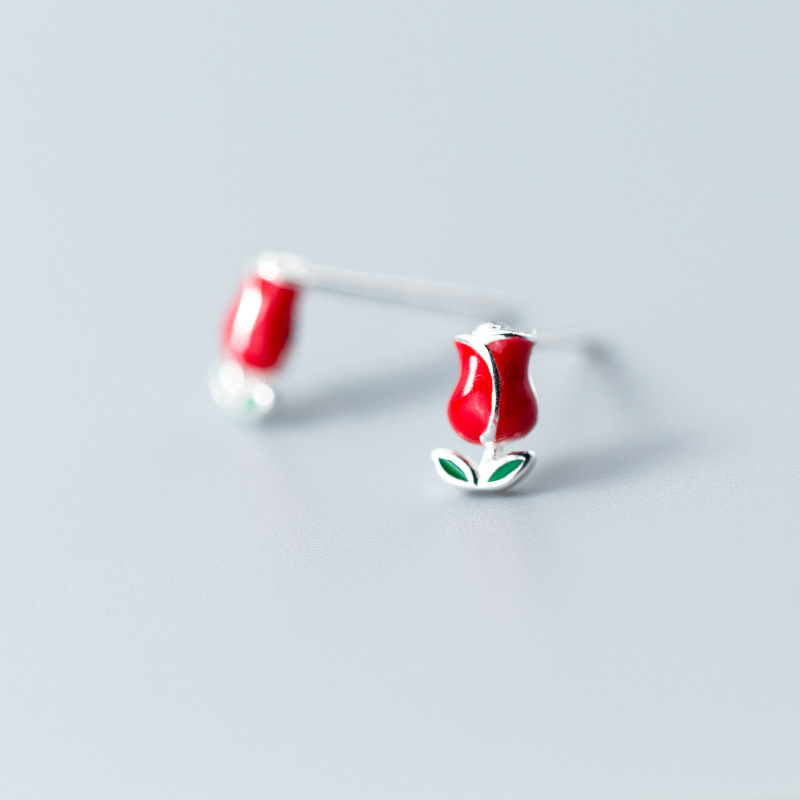 Romantic Stud Earrings Red Enamel Rose Flower For Women Wedding Fashion Jewelry Cute Bijoux Gift
