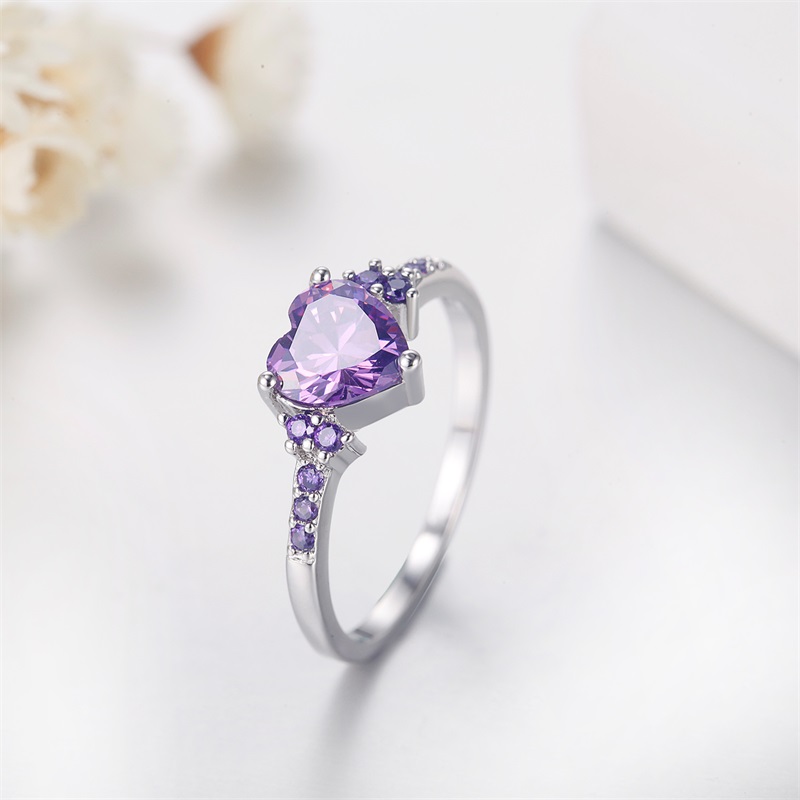 Fashion Women Wedding Jewelry Cute Heart Heart Design Purple Crystl Amethyst Silver 925 Ring