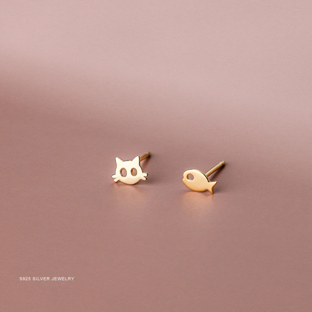 Cat Small Fish Earrings for Women New Simple Fashion Asymmetrical Cute Ear Jewelry S925 Sterling Silver