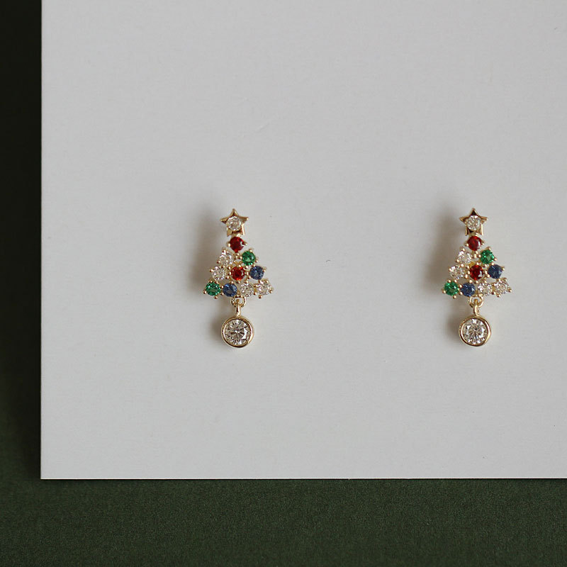 Christmas Tree Stud Earrings Women Pav Color Crystals Christmas Fashion Jewelry Accessories