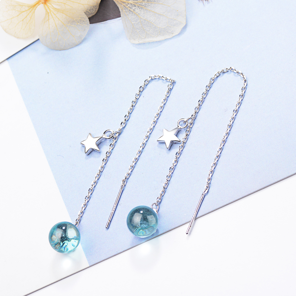 Blue Planet Long Earrings For Women Girl Artificial Crystal Ball Star Tassel Earrings