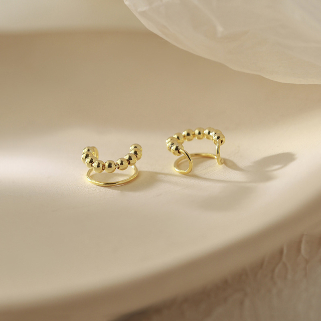 Punk Style Double Layer Beads Ear Clip-On Earrings for Women Men Gold Color Small Ear Cuff Jewelry