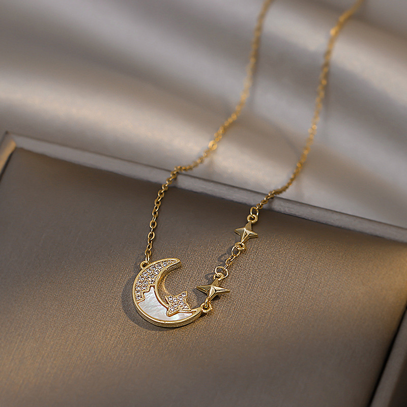 Gold Star Moon Pendant Necklace For Women Temperament Silver 925 Jewelry Party Gift
