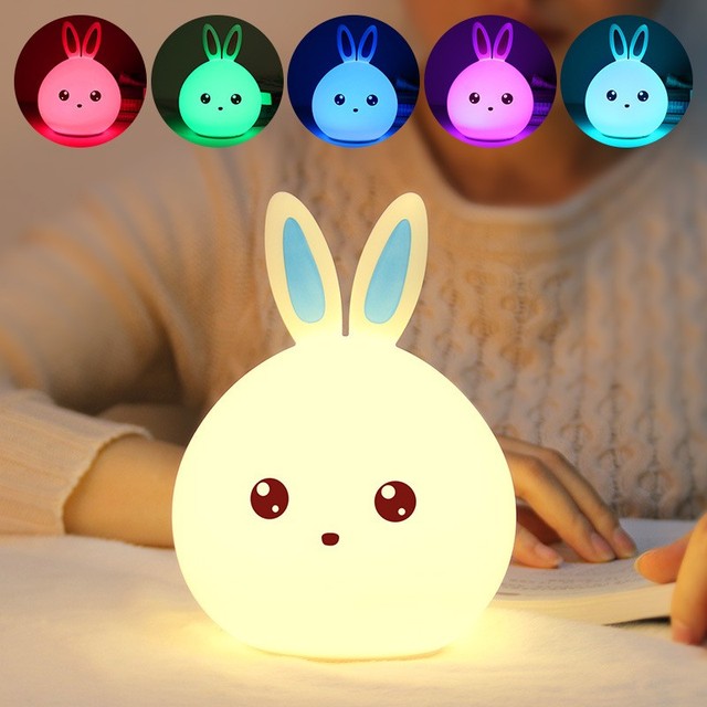 Silicone Rabbit LED Night Light Cartoon Touch Sensor Colorful USB  Bunny Bedside Lamp For Children Kids Baby