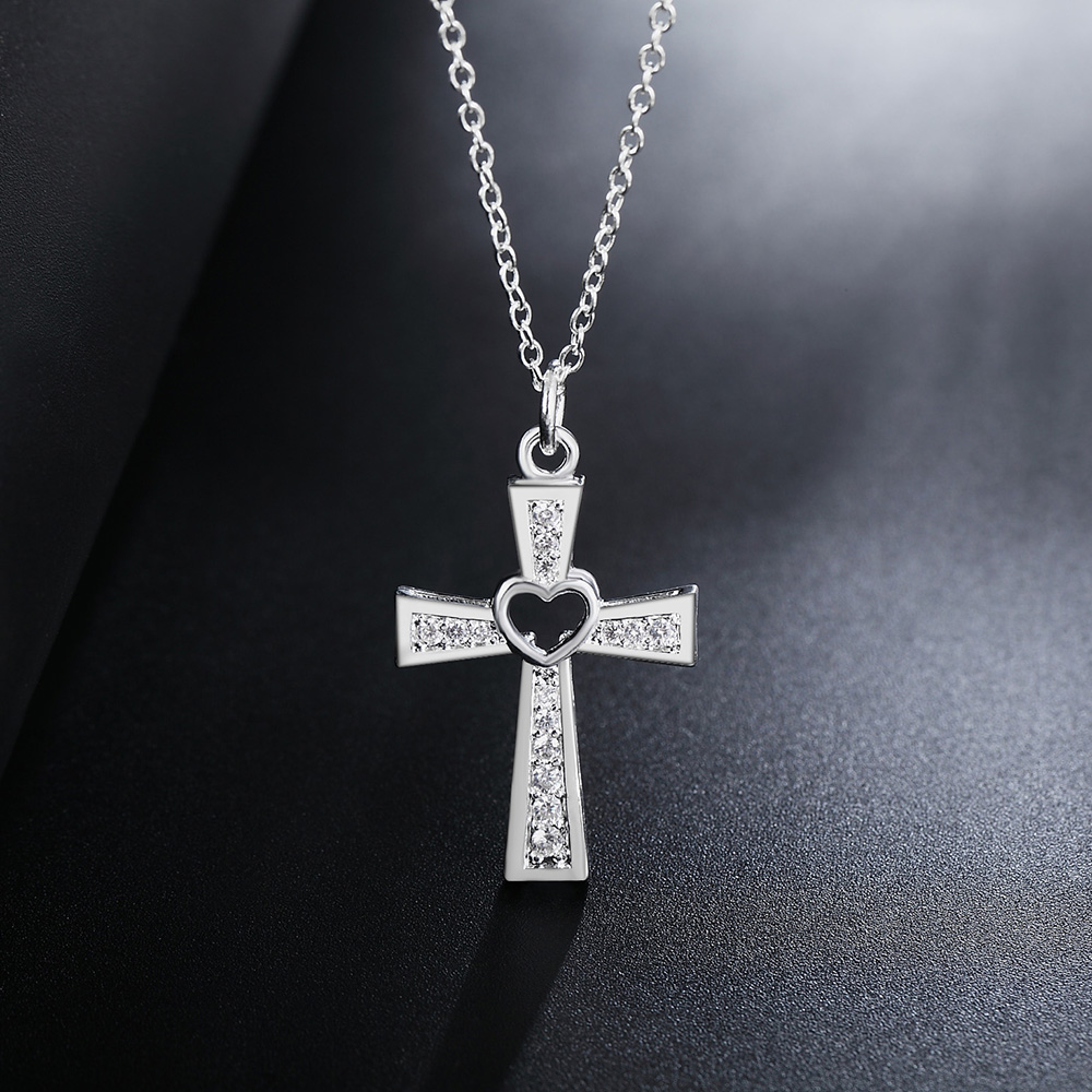 925 sterling silver Beautiful fashion Elegant charm Crystal cross pendant CZ Zircon pretty Necklace jewelry