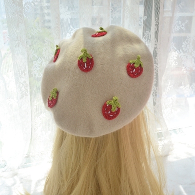 DIY handmade women's beret hat small fresh strawberry painter hat girl autumn and winter cute all-match biscuits hat beanie hat