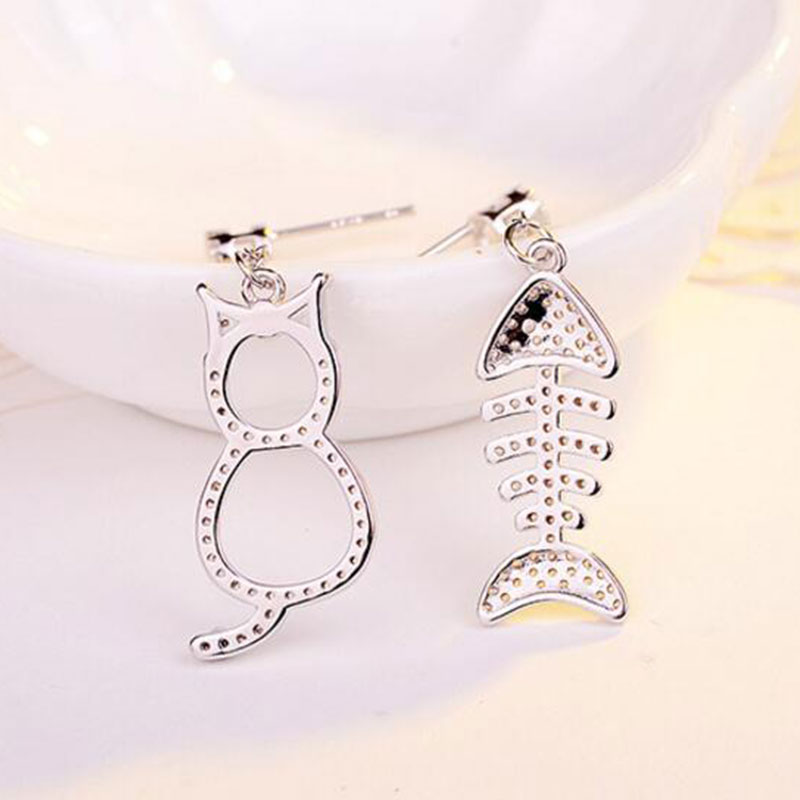 Cute Asymmetric Mosaic Zirconia Cat Fish Long Tassel Earrings for Women Statement Jewelry