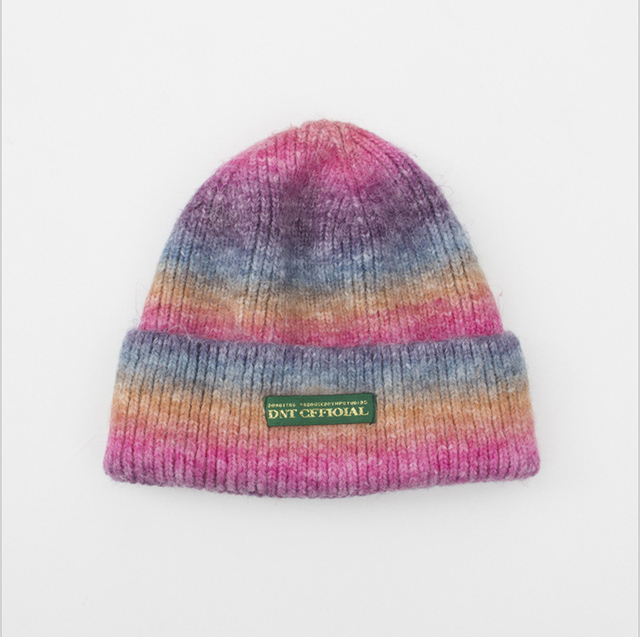 New Rainbow Candy Color Autumn and Winter Gradient Hat Women's Knitted Earmuffs Woolen Hats Warm Soft Fashion Beanie Men Cap
