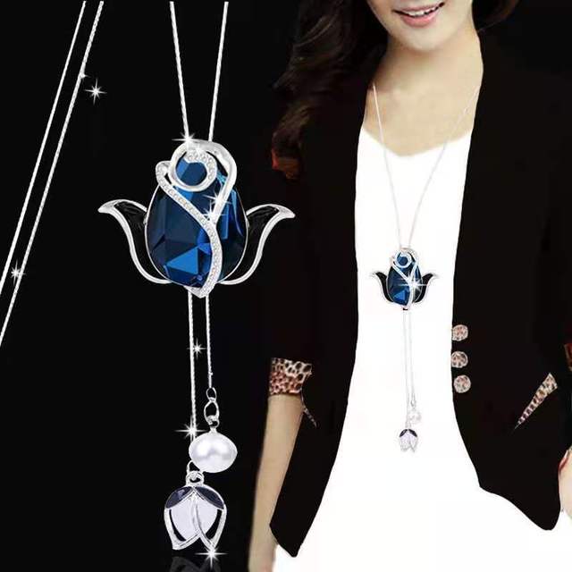 Crystal Zircon Sun Flower Sweater Chain Long Necklace Temperament Butterfly Tassel Moon Charm Pendant Necklace Jewelry for Women