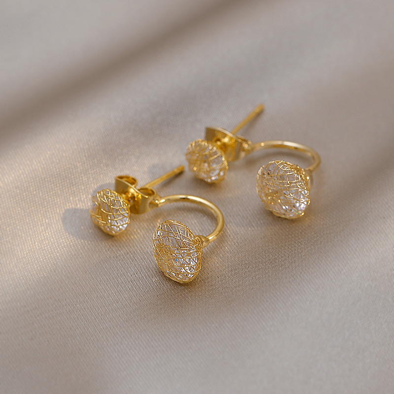 Design Sense Woven Gold Wire Wrapped Round Zircon Back Hanging Earrings Korean Fashion Girls Jewelry Luxury Earrings For Woman