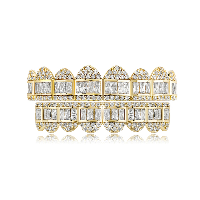 New Baguette Set Teeth Grillz Top & Bottom 14K White Gold Hip Hop Fashion Rapper Jewelry Gift For Men Women