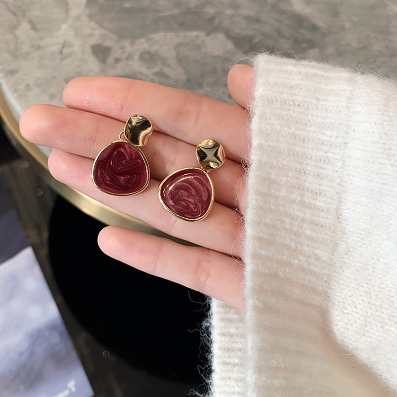 Classic Wine Red Drop Glaze Oval Dangle Earrings For Woman Korean Fashion Jewelry Party Girl's Sexy Luxury Earrings