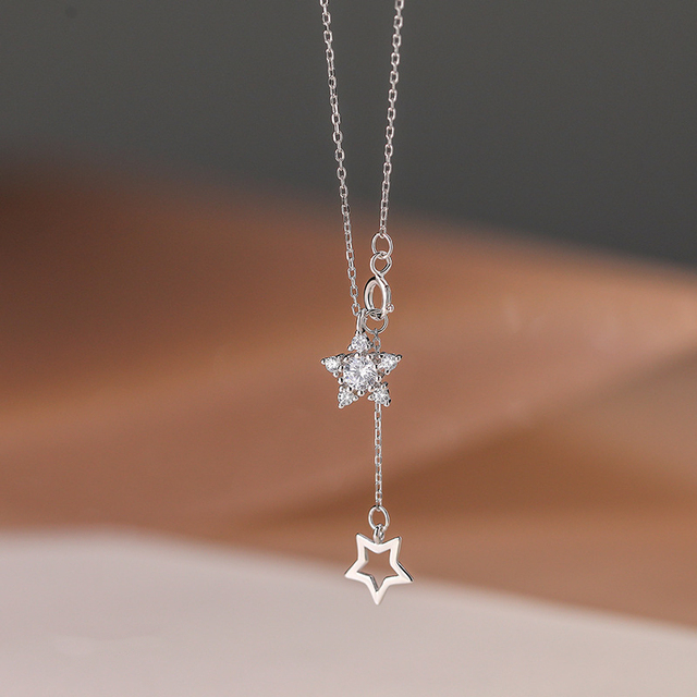 925 Sterling Silver Inlaid Zircon Five-pointed Star Necklace Double Pendant Clavicle Chain for Women Simple Fashion Jewelry Gift