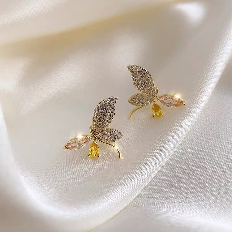 Elegant Temperament Champagne Zircon Butterfly Earrings For Woman Korean Fashion Jewelry Wedding Party Girl's Luxury Accessories