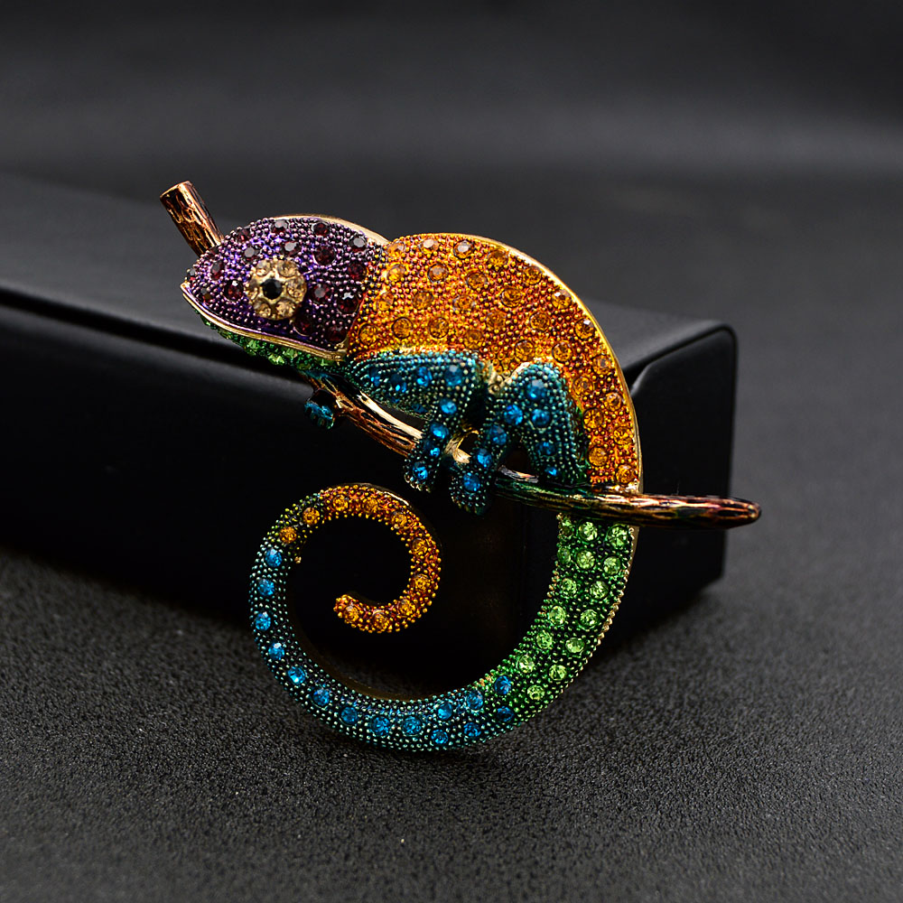 Large Lizard Chameleon Brooch Animal Coat Pin Rhinestone Fashion Jewelry Enamel Accessories Ornaments 3 Colors Pick