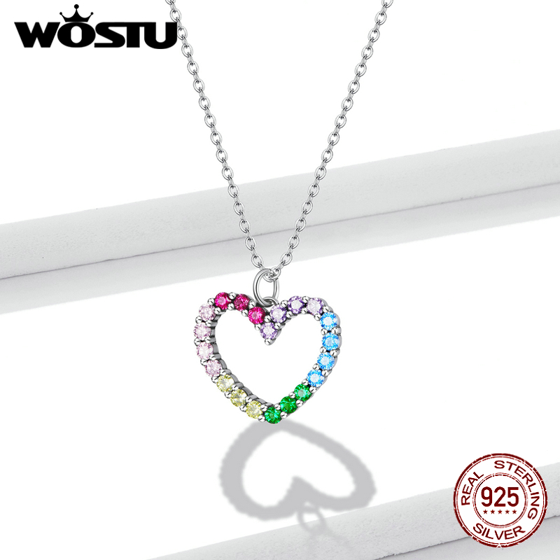 Necklace 925 Sterling Silver Love of Rainbow Colorful Dazzling Zircon Necklace Chain Link for Women Jewelry