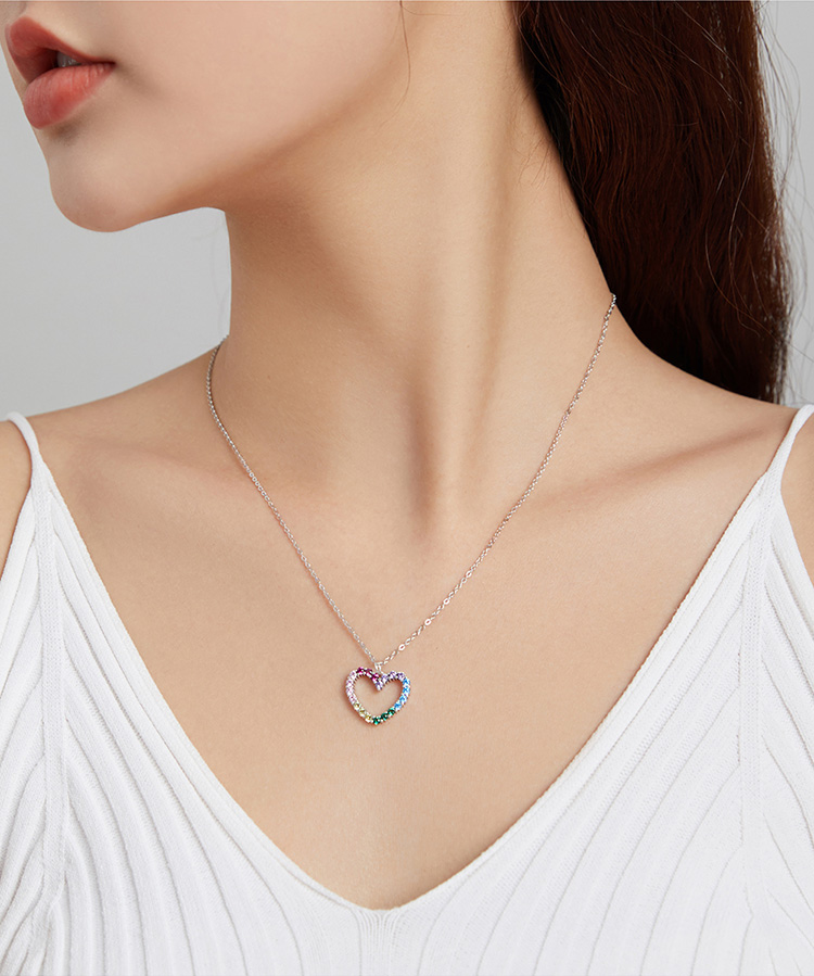 Necklace 925 Sterling Silver Love of Rainbow Colorful Dazzling Zircon Necklace Chain Link for Women Jewelry