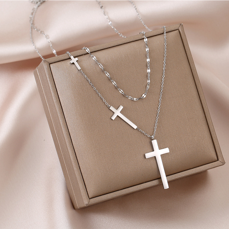 316L Stainless Steel Cross Double Layer Necklace Female Chocker Simple Double Layer Cross Necklace For Women No fade