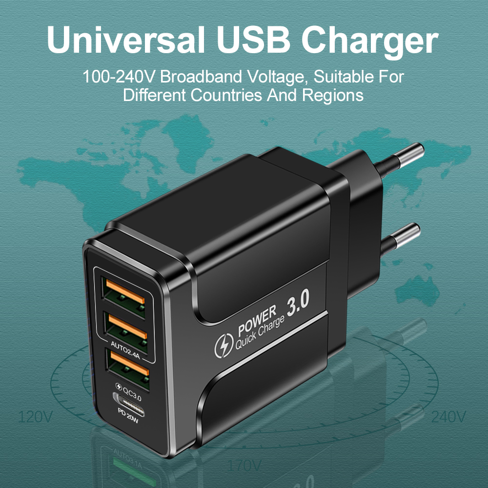 PD USB Charger Quick Charge QC 3.0 3 Port Fast Charging Mobile Phone Adapter Wall Charger
