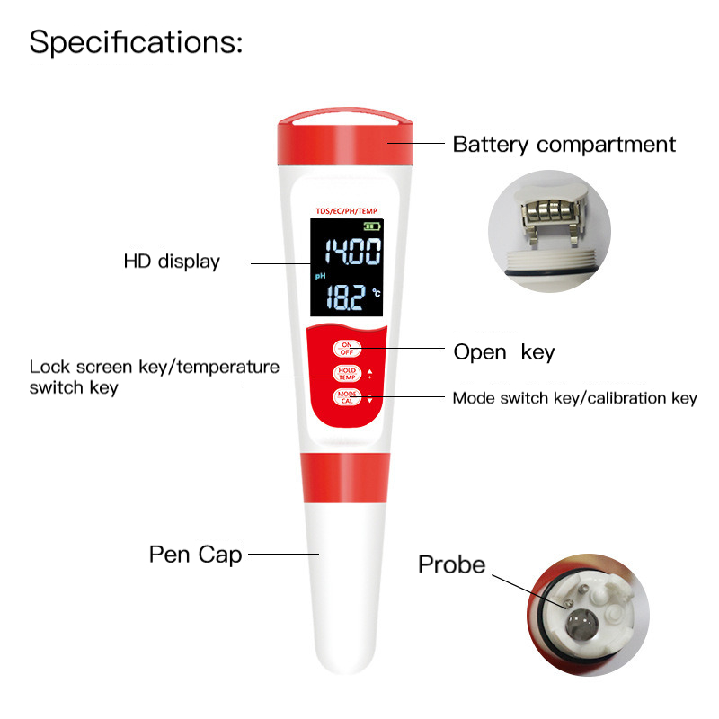 4 In 1 PH Meter Sensor PH TDS EC Temperature Meter Tester Water Quality Testing for Drinking Water Aquariums Swimming Pool
