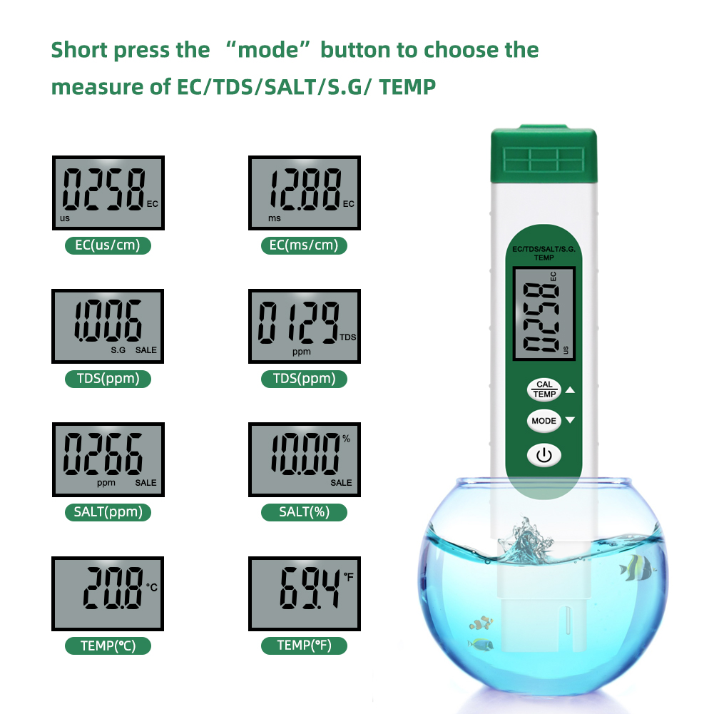 Digital EC TDS SALT S.G. Temperature Salinity Meter 5 In 1 Water Quality Purity Conductivity Tester For Aquarium Swimming Pool