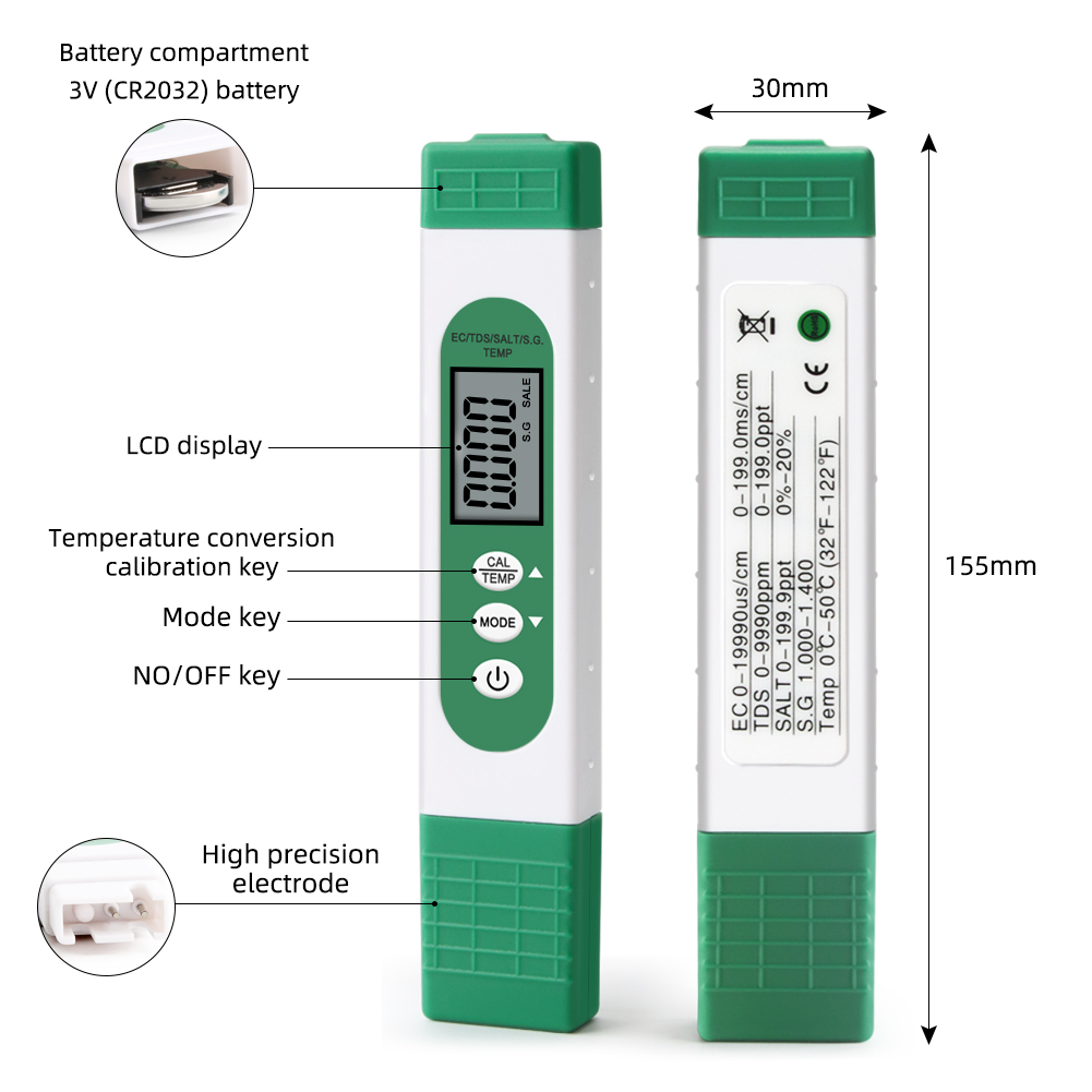 Digital EC TDS SALT S.G. Temperature Salinity Meter 5 In 1 Water Quality Purity Conductivity Tester For Aquarium Swimming Pool