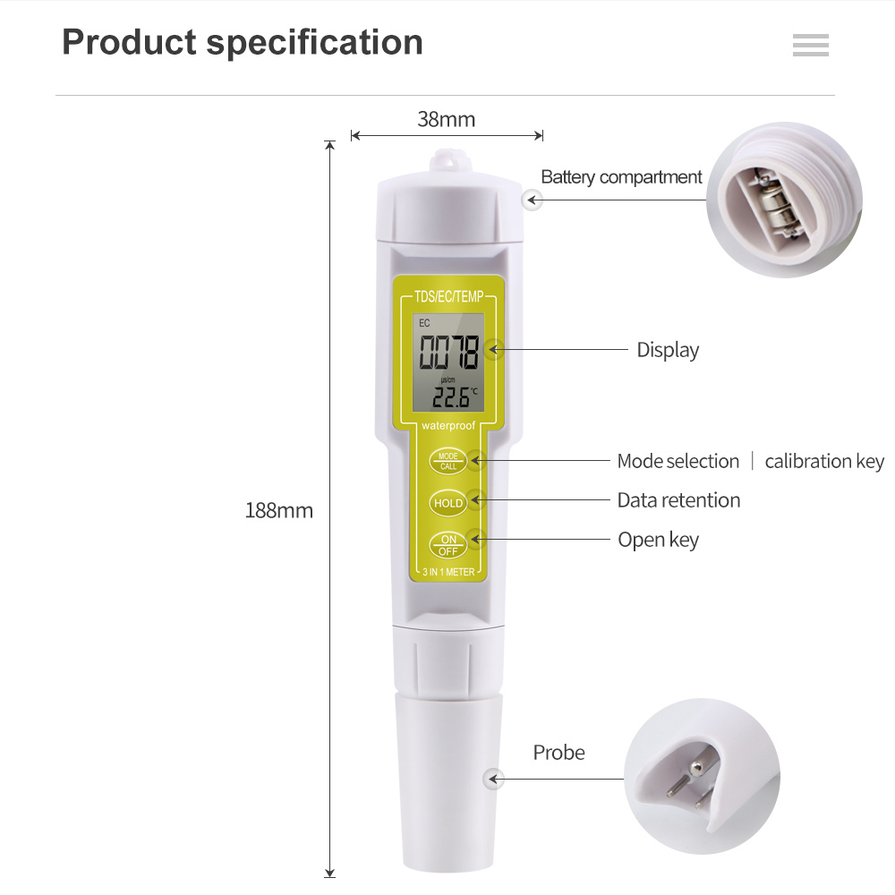 3 in 1 Temp TDS EC Meter Digital Water Quality Tester 0~9999us/cm Multifunctional Water Purity PPM Tester for Aquariums