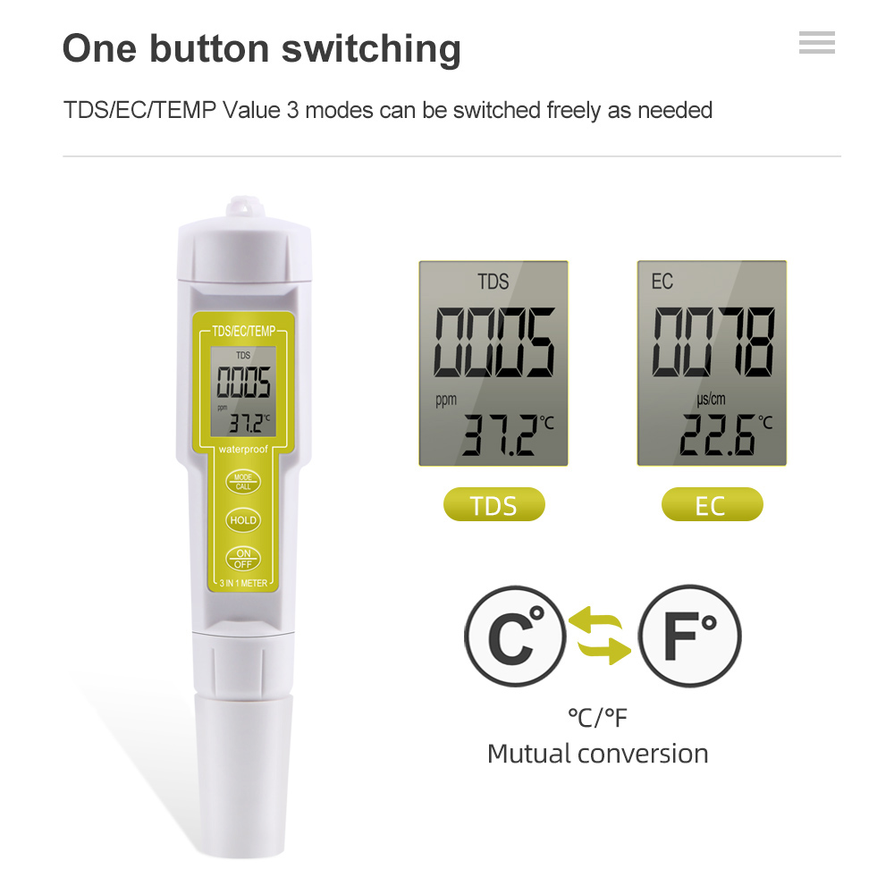 3 in 1 Temp TDS EC Meter Digital Water Quality Tester 0~9999us/cm Multifunctional Water Purity PPM Tester for Aquariums