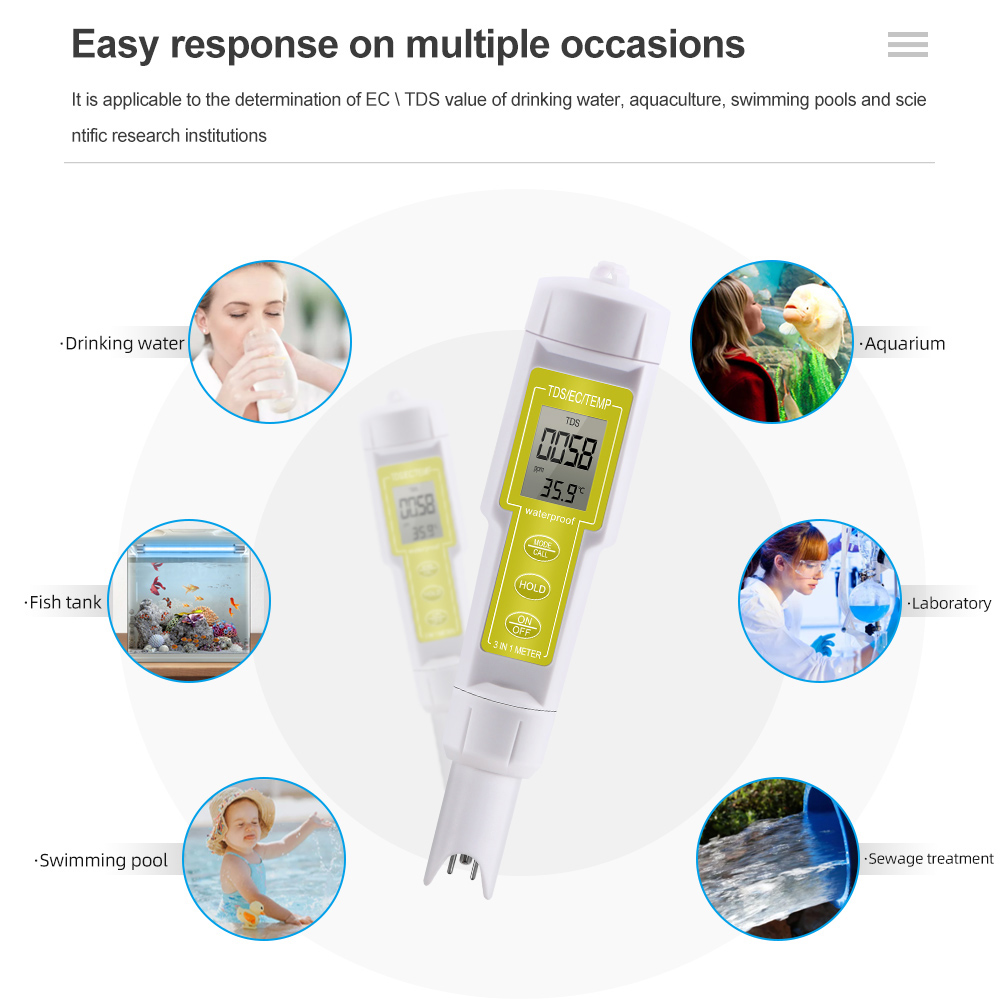 3 in 1 Temp TDS EC Meter Digital Water Quality Tester 0~9999us/cm Multifunctional Water Purity PPM Tester for Aquariums