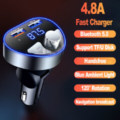 Bluetooth 5.0 FM Transmitter Car Handsfree Call Mp3 Player 4.8A/5.4A Dual USB Charger U Disk / TF Card Lossless Music Play